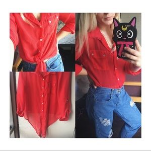 Red sheer F21 button down tie top